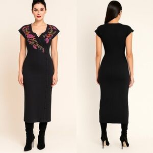 Carole Little Black Wool Blend Embroidered Button Front Maxi Dress | Petite PP